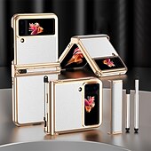 cheap Samsung Cases-Phone Case For Samsung Galaxy Z Flip 5 Z Flip 4 Z Flip 3 Back Cover Bumper Frame Pencil Holder Plating Solid Colored PC PU Leather