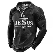 cheap Men&#039;s Vintage Polo-Men&#039;s Jesus Christian Zip Polo Shirts Golf Shirt Long Sleeve Polo Shirts Collared Shirts Vintage Casual Vacation Wear Festival Wear Party Outfits 3D Print Quarter Zip Polo Black Blue Green