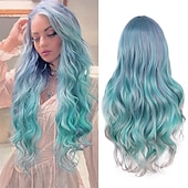 economico Parrucche trendy sintetiche-ombre bluastro parrucca verde ondulata lunga parte centrale parrucca teal blue wig resistente al calore capelli sintetici sirena parrucche per le donne festa di natale parrucche