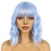 levne Syntetické trendy paruky-krátké bobové paruky s ofinou pro ženy volná vlnitá paruka kudrnatá vlnitá délka po ramena bob syntetická cosplay paruka pro dívky barevné kostýmní paruky
