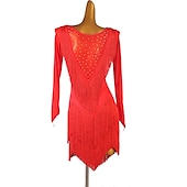 economico Abbigliamento balli latino-americani-Abito da ballo latino con frange e nappe divise con cristalli/strass, allenamento prestazionale da donna, manica lunga, rete in chinlon