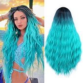 economico Parrucche trendy sintetiche-ombre bluastro parrucca verde ondulata lunga parte centrale parrucca teal blue wig resistente al calore capelli sintetici sirena parrucche per le donne festa di natale parrucche