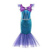abordables Disfraces de Niña-Niños Chica Vestido Sirena Sin Mangas Rendimiento Disfraz Algodón Vestido de cambio Verano Primavera 3-6 años de edad Azul Piscina Morado