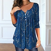 abordables T-shirt floral-Femme T shirt Hauts habillés Floral Tuniques basique manche longue Col Rond Hauts réguliers Vacances Fin de semaine Boutons Imprimer Tunique fluide Jaune Rose Claire Bleu Violet Vert Automne hiver