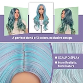 economico Parrucche trendy sintetiche-capelli lunghi blu ondulati parrucche per le donne parrucca corlorful misto blu verde grigio viola colore dei capelli parte centrale parrucche sintetiche in fibra resistente al calore capelli per la