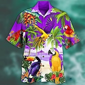 billiga Fåglar &amp; Djur-Herr Djur Papegoja Palmblad Skjorta Hawaii skjorta Lägerskjorta Kortärmad Skjorta Nedvikt Mode Designer Ledigt Utomhus Gata Ledigt Sjöblå Havsblått Rubinrött 3D-tryck S M L