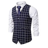 cheap Men&#039;s Waistcoat-Men&#039;s Vest Waistcoat Wedding Office &amp; Career Daily Wear Going out Business Retro Fall &amp; Winter Button Pocket Polyester Outdoor Comfortable Casual Plaid Single Breasted V Wire Regular Fit Light Blue