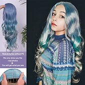 economico Parrucche trendy sintetiche-capelli lunghi blu ondulati parrucche per le donne parrucca corlorful misto blu verde grigio viola colore dei capelli parte centrale parrucche sintetiche in fibra resistente al calore capelli per la