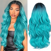 economico Parrucche dei personaggi dei film-amo le parrucche bluastre verdi ombre lunghe ricce ondulate blu acquamarina parrucca con parte laterale 2 toni radici scure parrucche sintetiche per feste quotidiane cosplay per donne parrucche di