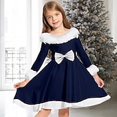 preiswerte Weihnachtskleider für Kinder-kinderkleidung Mädchen Kleid Feste Farbe Langarm Casual Pelzkragen Rundhalsausschnitt bezaubernd Täglich Polyester Übers Knie Casual kleid Schaukelkleid A Linie Kleid Herbst Winter 2-13 Jahre Schwarz