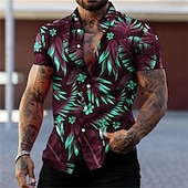 billiga Tropiska växter-Herr Grafisk Löv Tropiska växter Skjorta Hawaii skjorta Aloha skjorta Kortärmad Skjorta Nedvikt Mode Designer Ledigt Gata Dagligen Helgdag Röd grön Svart Svart / Purpur 3D-tryck S M L
