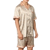halpa Yöpuvut-Miesten Uniasut Yöpukusarja Silkkipyjama Pyjama toppi ja shortsit 1set Pilkku Yksinkertainen Mukavuus Koti Päivittäin Tekosilkki Hengittävä Kauluskäänne Lyhythihainen Shortsit Tasku Syksy Kevät Viini