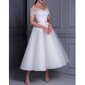 baratos Vestidos brancos pequenos-De Baile Longuette Vestidos de noiva Vestidos para Chá de Panela Vestido de Noiva Vestidos Brancos Justos Alças Ombro a Ombro Graduação Aniversário Renda Tule com Pregas Apliques