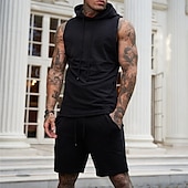 baratos Conjuntos de Camisas para Homem-Homens Ternos-Camiseta Moletom Camisa de tênis Conjunto de shorts e camiseta Sem Manga Manga Curta Com Capuz Verão Cor Sólida Esportes Designer Roupa de Esporte Com Cordão 2 Peças Ao ar livre Rua