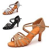 abordables Chaussures de danses latines-Chaussures de danse latine argentées et scintillantes pour femmes, sandales de danse à talons hauts et brides croisées avec semelle en daim pour la salsa latine