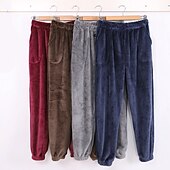 billiga Sov botten-Herr Vardagsklädsel Pyjamasbyxor i flanell Sovkläder Lounge Byxor Ren färg Mode Enkel Hem Säng Polyester Byxa Elastisk midja Vinter Höst Svart Blå