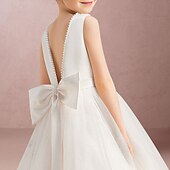 abordables Robes de petite fille-Robe de demoiselle d'honneur princesse longueur sol pour mariage à la plage première communion robe de bal mignonne satin avec nœud(s) taille pour 3-16 ans robe à impressionner