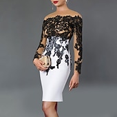 ieftine Rochii Cocktail-Rochii de cocktail tip sheath rochie elegantă lungime până la ceai cu mânecă lungă off shoulder fabrică elastică cu aplicații