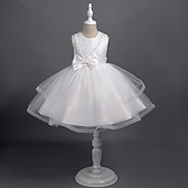 abordables Robes à Fleurs pour Filles-Tout-petit Fille Robe de Soirée Couleur Unie Sans manches Performance Mariage Noeud de cravate Adorable Princesse Polyester Mi-long Robe en Tulle Été Printemps 3-7 Ans Multicouleur Blanche Champagne