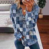 billige Kunst og design topper-Damer Quarter Zipper Genser Pullover Denim Print Aktiv Gateklær Rosa Blå Lilla Geometrisk Gate V-hals Langermet