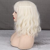 preiswerte Trendige synthetische Perücken-kurze platinblonde Damenperücken weißblonde gewellte Perücke mit Pony mittellange platinblonde gewellte Synthetikperücke für den täglichen Gebrauch