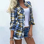 tanie Kwiatowe bluzki-Damskie Koszula Bluzka Szałat Żółty Czerwony Niebieski Kratka Kolorowy blok Guzik Nadruk Długi rękaw Codzienny Weekend Moda miejska Codzienny Kołnierzyk koszuli Regularny S