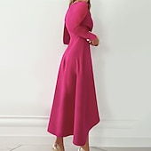 voordelige Werkjurken-dameswerkjurk midi-jurk zwart rood fuchsia lange mouw pure kleur ruche zomer lente herfst v-hals stijlvolle zomerjurk dagelijks vakantie 2023 s m l xl xxl