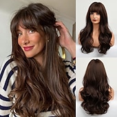 cheap Synthetic Trendy Wigs-Long Auburn Wig with Bangs Layered Curly Orange Wigs for Women Natural Synthetic Wigs for Daily Use