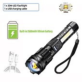 cheap Flashlights-High-power LED Rechargeable Flashlight with 30W Lamp Beads Portable Torch 7 Lighting Modes Zoomable Waterproof Camping Light