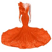 preiswerte ROT-Meerjungfrau Abendkleid Pailletten Elegantes Kleid Verlobung Formelles Abendkleid Gerichtsschleppe Langarm Ein Schulter Maskeradenkleid