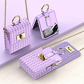 お買い得  サムスン用ケース-サムスン Galaxy Z Flip 4/3/2 バックカバー 防塵 取り外し可能なクロスボディストラップ付き ショックプルーフ ソリッドカラー TPU PUレザー（バッグのみ）