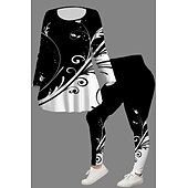 cheap Two Piece Sets-Women&#039;s 2 Pieces Casual Set Long Sleeve Crew Neck Floral Print Daily Going out Weekend Black And White Gray Black Black Fall Regular Fit