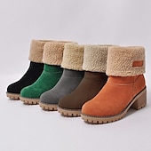 cheap Snow &amp; Winter Boots-Women&#039;s Faux Suede Ankle Boots with Fleece Lining and Fold-Over Cuff, Block Heel Winter Boots Available in Multiple Colors