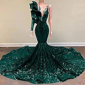 preiswerte ROT-Meerjungfrau Abendkleid Pailletten Elegantes Kleid Verlobung Formelles Abendkleid Gerichtsschleppe Langarm Ein Schulter Maskeradenkleid