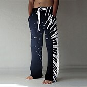 お買い得  メンズプリントカジュアルパンツ-男性用 ズボン サマーパンツ バギー ビーチパンツ 弾性巾着デザイン フロントポケット まっすぐな足 グラフィック 楽器 履き心地よい ソフト カジュアル 日常 休暇のために リネンのような生地 ファッション ストリートファッション ブラック イエロー