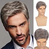 ieftine Peruci Bărbați-perucă scurtă pentru bărbați gri drept natural peruci de păr cosplay sintetic pentru bărbați perucă completă de înlocuire zilnică