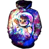 abordables Estampado animal-Hombre Graphic Caricatura Gato Sudadera Sudaderas Activo Estilo lindo Manga Larga Con Capucha Diario Azul vaquero Negro Bolsillo delantero Diseñador