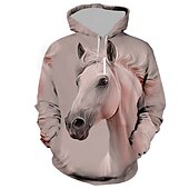 baratos Moletons masculinos com capuz-Homens Animal Cavalo Moletom Moletons Moletom com capuz Manga Longa Moletom com capuz Com Capuz Roupa de rua Impressão 3D Diário Esportes Branco Rosa Imprimir Primavera &amp; Outono Designer
