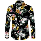 economico Giorno dei Morti Costume-Per uomo Rosa Floreale Teschi Camicia Manica lunga Di tendenza Originale Informale Halloween Strada Informale Autunno inverno Collo ripiegabile Stampa Bottone giù Nero e rosso Vinaccia Nero Bianco