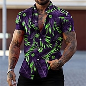 billiga Tropiska växter-Herr Grafisk Löv Tropiska växter Skjorta Hawaii skjorta Aloha skjorta Kortärmad Skjorta Nedvikt Mode Designer Ledigt Gata Dagligen Helgdag Röd grön Svart Svart / Purpur 3D-tryck S M L