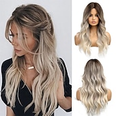 abordables Perruques Synthétiques Sans Bonnet-longue ondulée ombre brun à blonde perruques pour les femmes cheveux synthétiques résistant à la chaleur ombre perruque pour la fête quotidienne utilisation cosplay-24 pouces barbiecore perruques