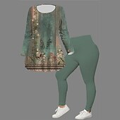 cheap Two Piece Sets-Women&#039;s 2 Pieces Casual Set Long Sleeve Crew Neck Floral Print Daily Going out Weekend Black And White Gray Black Black Fall Regular Fit