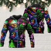 abordables Tenue de Père Noël-Sweat à capuche 3D Père Noël pour homme, veste entièrement zippée, noir, jaune, rouge, violet, imprimé graphique Père Noël, fermeture éclair moche, imprimé sport&amp;amp;extérieur quotidien