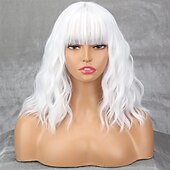 preiswerte Trendige synthetische Perücken-kurze platinblonde Damenperücken weißblonde gewellte Perücke mit Pony mittellange platinblonde gewellte Synthetikperücke für den täglichen Gebrauch