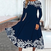 abordables Robe Boho-Robe Midi Femme Robe Décontractée Robe d&#039;hiver Robe Évasée Mode Modeste Formelle Plein Air Fête Coupe Régulière Florale Manches Longues Col Ronde Bleu Marine Printemps Automne Hiver Automne