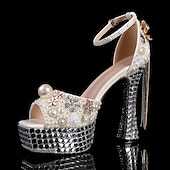 economico Semi-formale-tacchi a spillo con plateau impreziositi da strass bianchi e perle da donna con fiocco – scarpe da sposa di lusso