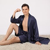 voordelige Ochtendjassen-Voor heren Grote maten Gewaad Zijden jurk Badjassen Zijden Kimono 2-delig Golven Eenvoudig Comfortabel Huis Dagelijks Faux Zijde Polyester Geschenk Revers Lange mouw Gewaad Top Korte broek Zak