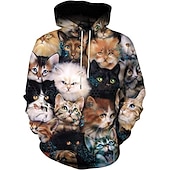 abordables Estampado animal-Hombre Graphic Caricatura Gato Sudadera Sudaderas Activo Estilo lindo Manga Larga Con Capucha Diario Azul vaquero Negro Bolsillo delantero Diseñador