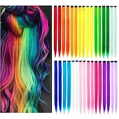 voordelige Clip-in-extensies-32packs gekleurde hair extensions 20inch rechte kleur clip in op haarverlenging regenboog partij hoogtepunten synthetisch haarstukje voor meisjes
