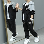 cheap Sets-2 Pieces Kids Boys Tracksuits Outfit Color Block Letter Long Sleeve Cotton Set Sports Winter Fall 7-13 Years Black Gray